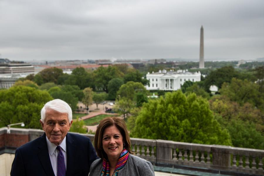 U.S. Chamber President and CEO Tom Donohue (left) and Senior Executive Vice President Suzanne Clark on the roof top of the U.S. Chamber of Commerce.